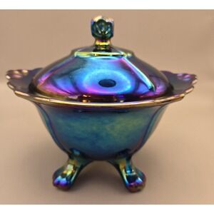 VTG Covered Candy Dish Fenton Art Carnival Glass Cobalt Blue With Rainbow Effect